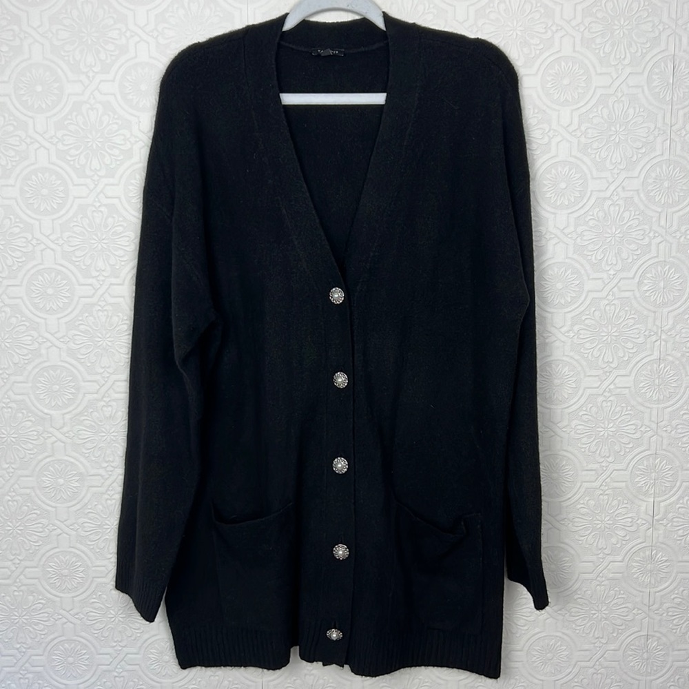 Talbots Longline Cardigan Sweater Black Big Buttons Alpaca Wool‎ Comfy Cozy